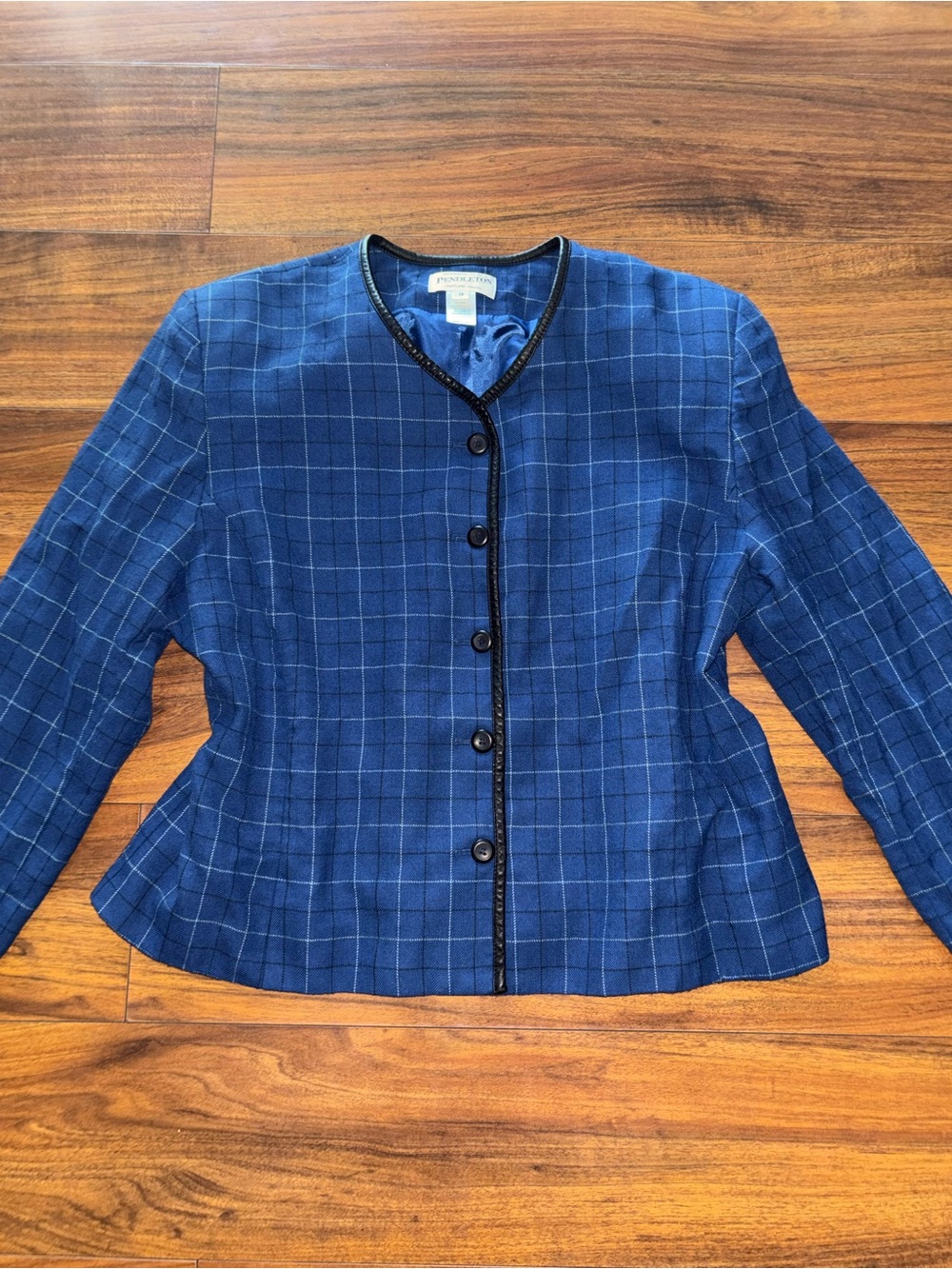 Pendleton Blue Windowpane Wool Blazer with Black Trim